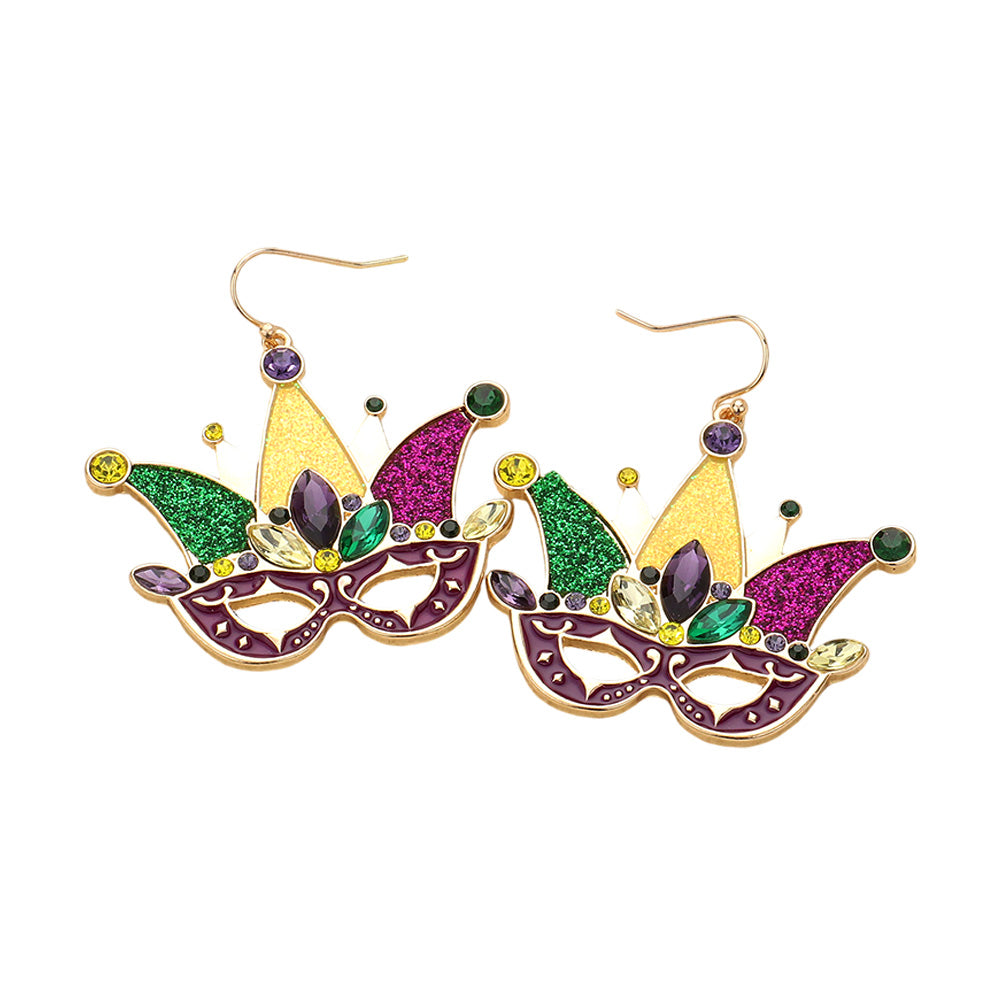 iLLASPARKZ Marquise Stone Sparkly Mardi Gras Jester Mask Dangle Earrings