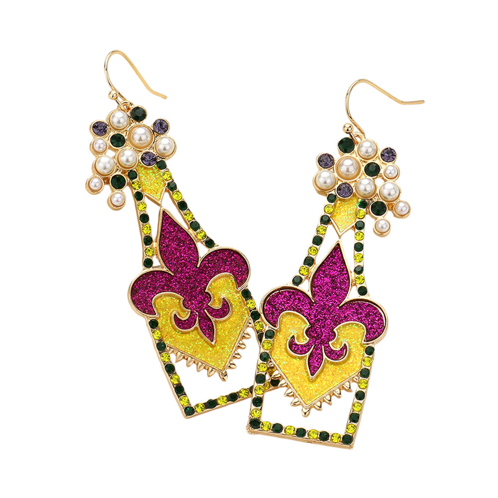 iLLASPARKZ Stone Pearl Paved Sparkly Mardi Gras Fleur de Lis Bottle Dangle Earrings