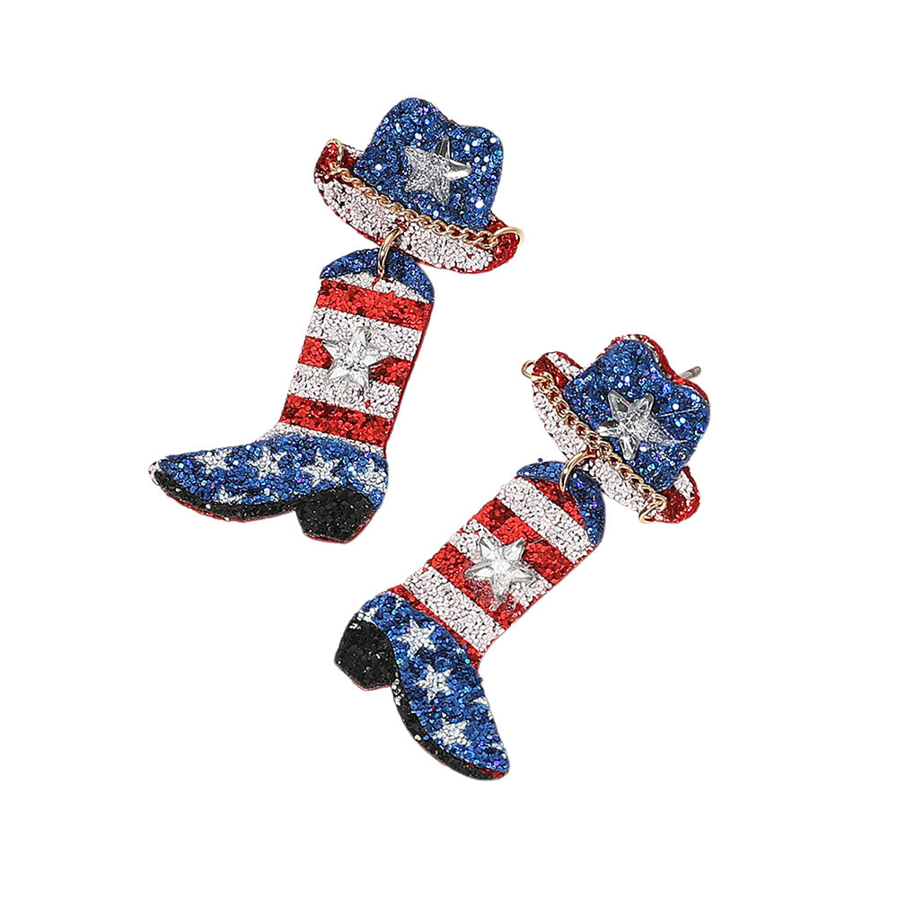 iLLASPARKZ Glittered American USA Flag Western Hat Boot Dangle Earrings