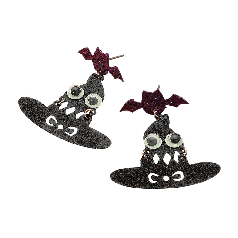 iLLASPARKZ GLOW IN THE DARK Halloween Bat Witch Hat Dangle Earrings