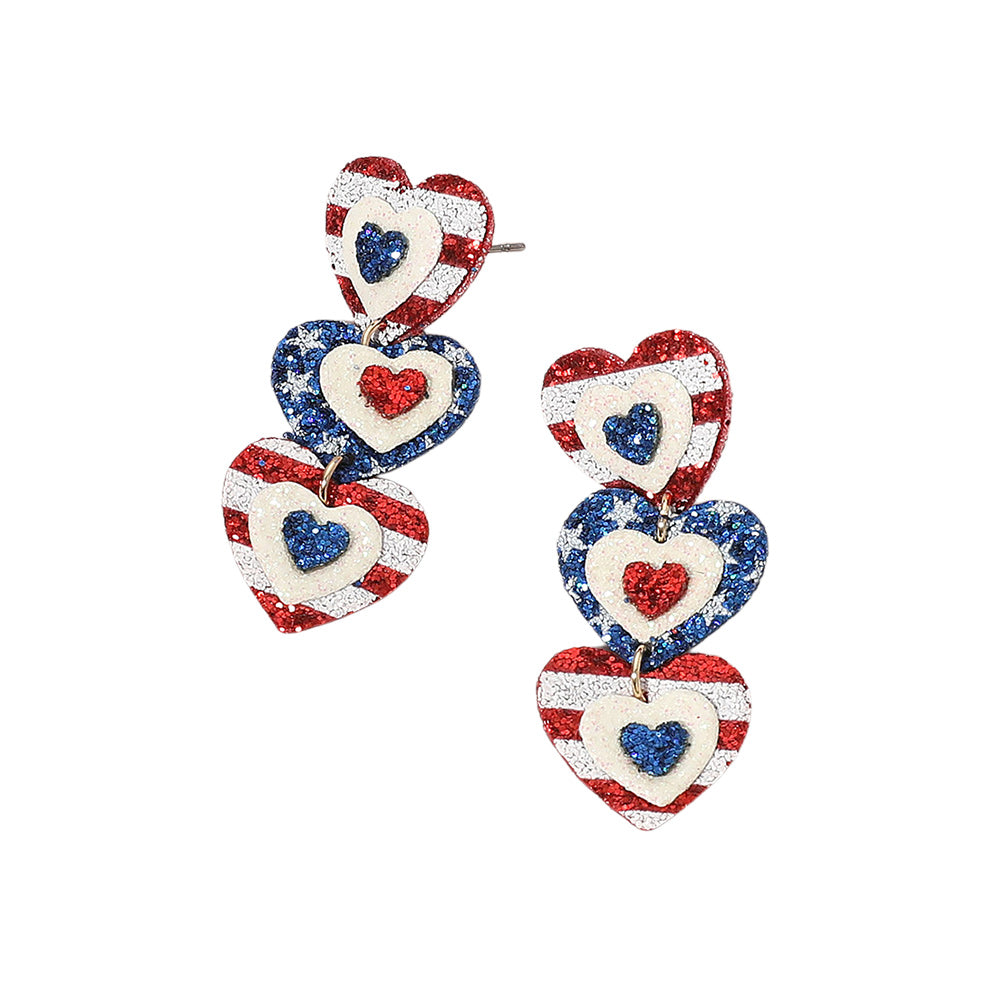 iLLASPARKZ Glittered American USA Flag Triple Heart Link Drop Earrings