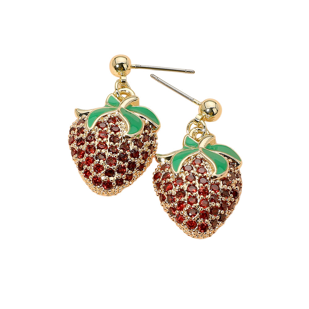 iLLASPARKZ 14K Gold Plated CZ Stone Paved Strawberry Dangle Earrings