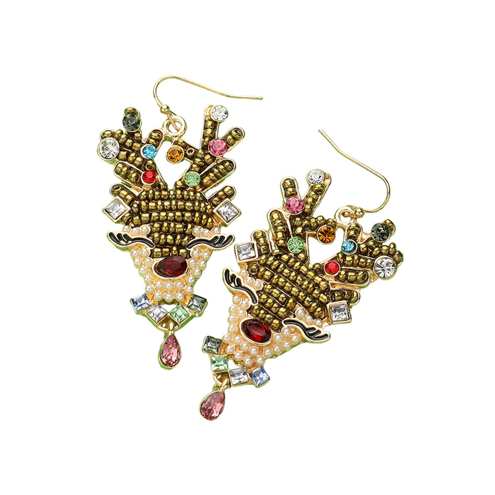 iLLASPARKZ Pearl Stone Embellished Seed Beaded Reindeer Dangle Earrings