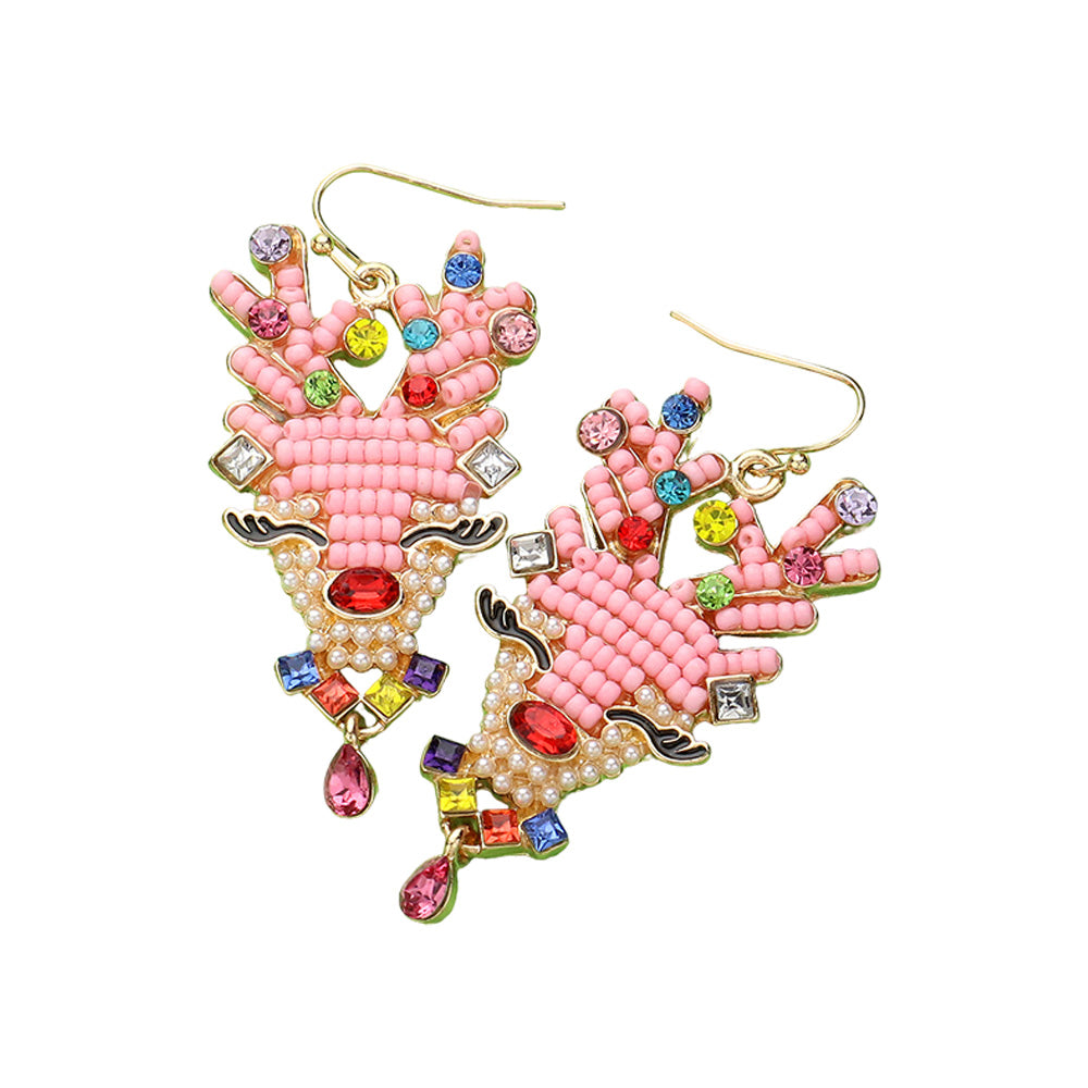 iLLASPARKZ Pearl Stone Embellished Seed Beaded Reindeer Dangle Earrings