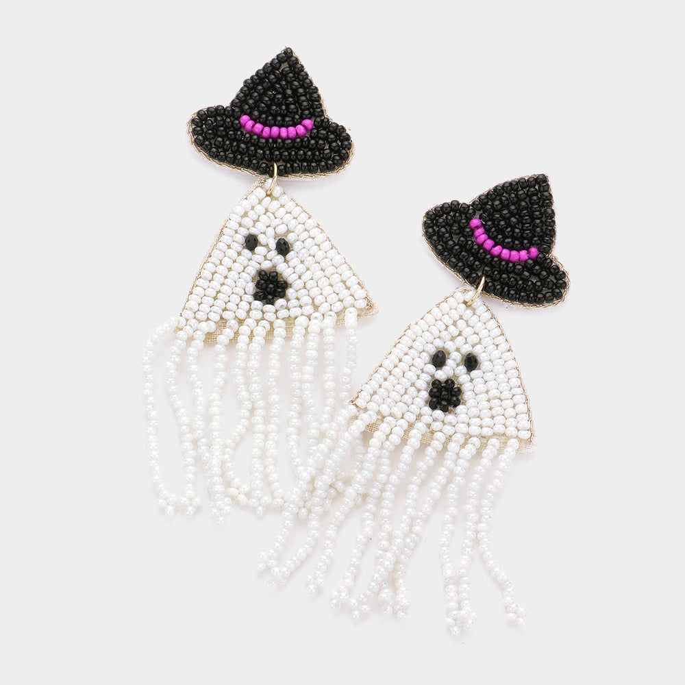 iLLASPARKZ Felt Back Seed Beaded Witch Hat Ghost Fringe Dangle Earrings