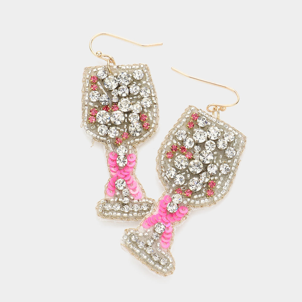 iLLASPARKZ Felt Back Sequin Pink Ribbon Pointed Stone Wine Dangle Earrings