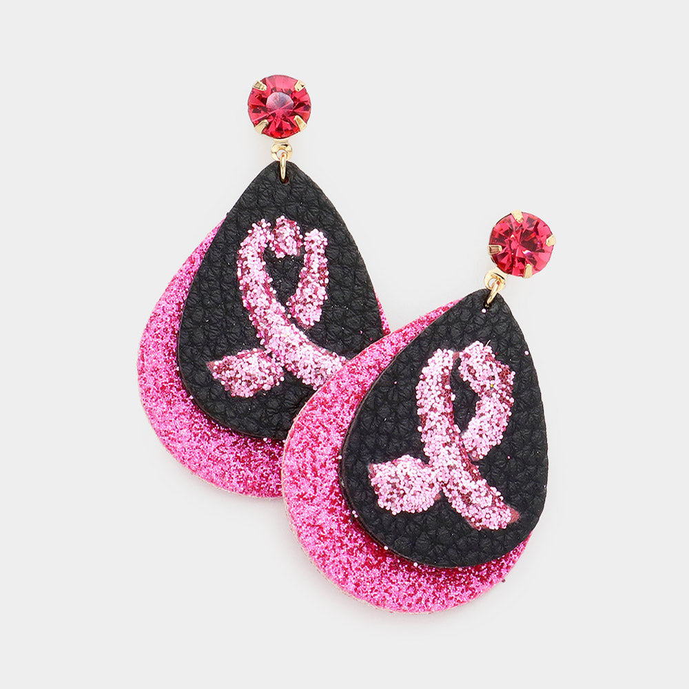 iLLASPARKZ Round Stone Bling Pink Ribbon Accented Teardrop Dangle Earrings