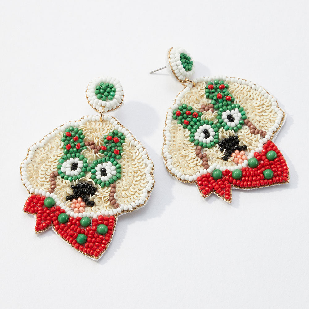 iLLASPARKZ Felt Back Seed Beaded Christmas Tree Glasses Dog Dangle Earrings