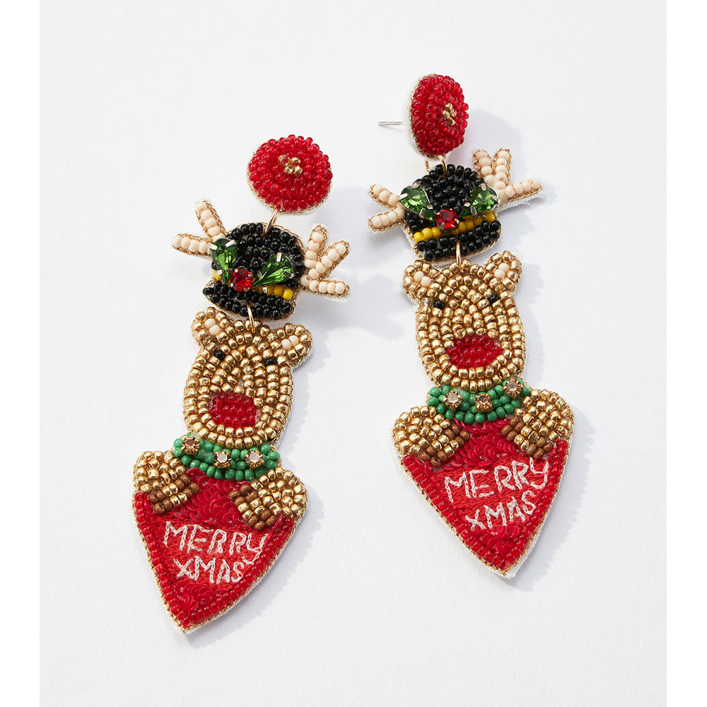 iLLASPARKZ Merry Xmas Message Felt Back Seed Beaded Rudolph Heart Dangle Earrings