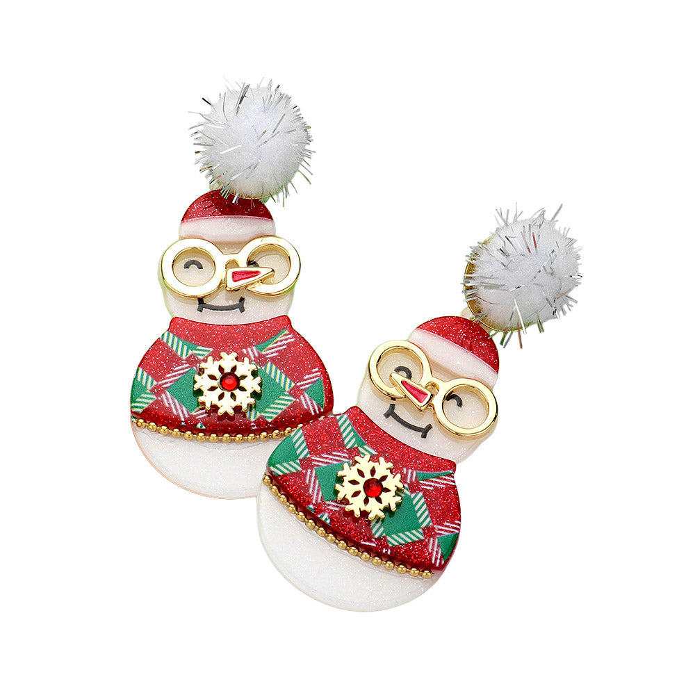 iLLASPARKZ Pom Pom Resin Christmas Snowman Dangle Earrings