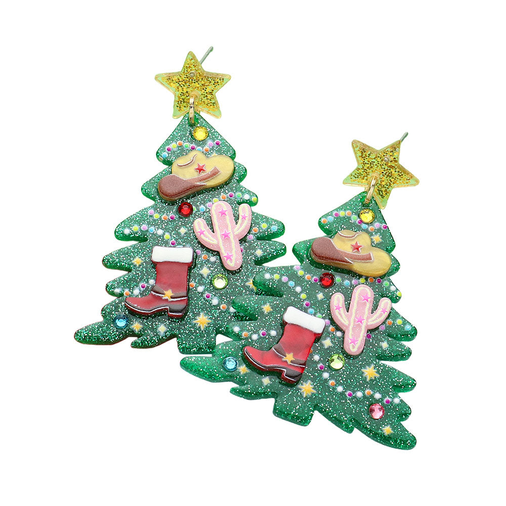iLLASPARKZ Glittered Resin Western Cowboy Christmas Tree Dangle Earrings