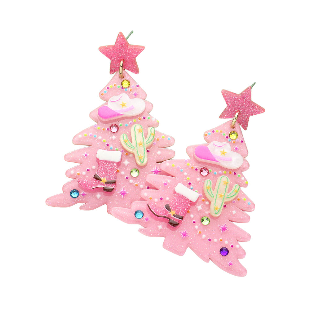 iLLASPARKZ Glittered Resin Western Cowboy Christmas Tree Dangle Earrings