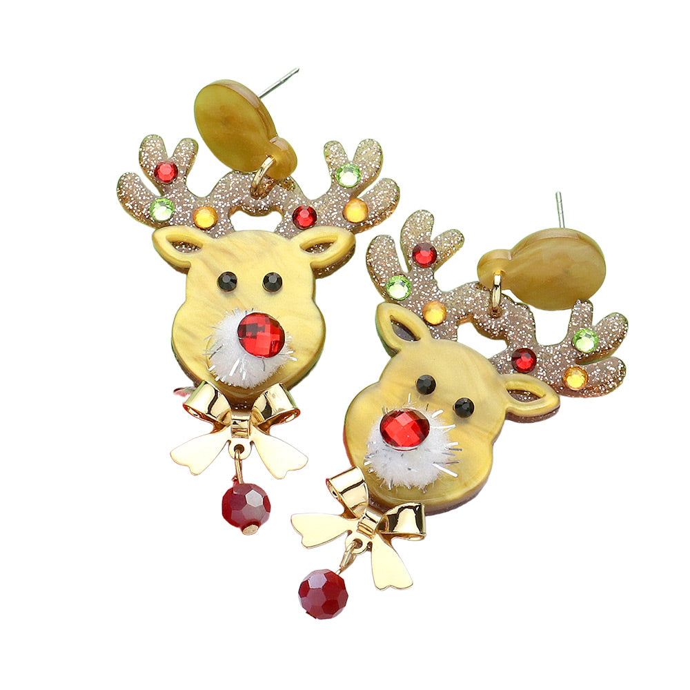 iLLASPARKZ Stone Embellished Glittered Resin Rudolph Dangle Earrings