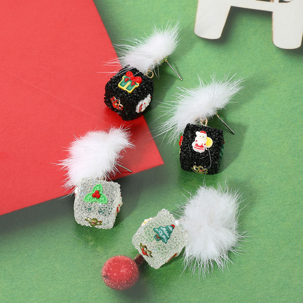 iLLASPARKZ Pom Pom Glittered Christmas Dice Dangle Earrings