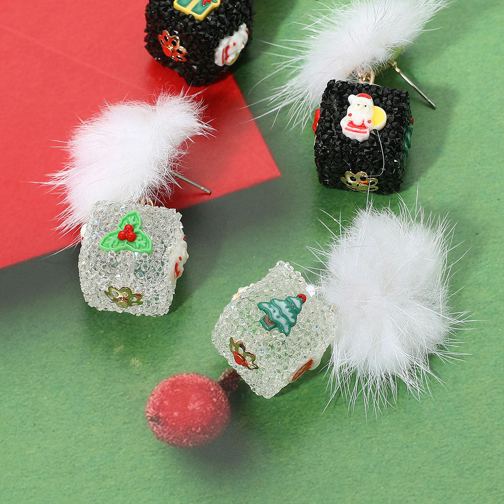 iLLASPARKZ Pom Pom Glittered Christmas Dice Dangle Earrings