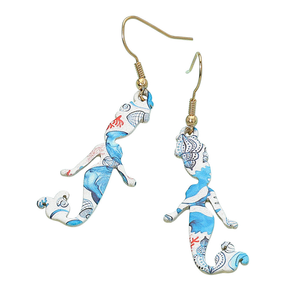 iLLASPARKZ Sea Life Pattern Printed Metal Mermaid Dangle Earrings