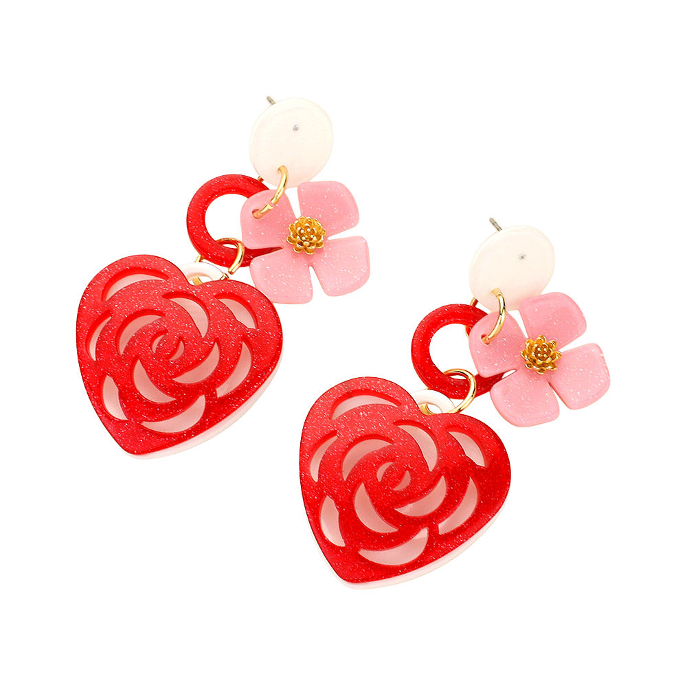 iLLASPARKZ Glittered Resin Heart Flower Dangle Earrings
