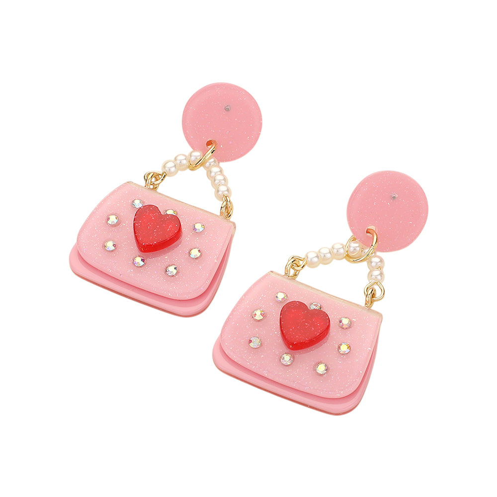 iLLASPARKZ Glittered Resin Pearl Heart Handbag Dangle Earrings