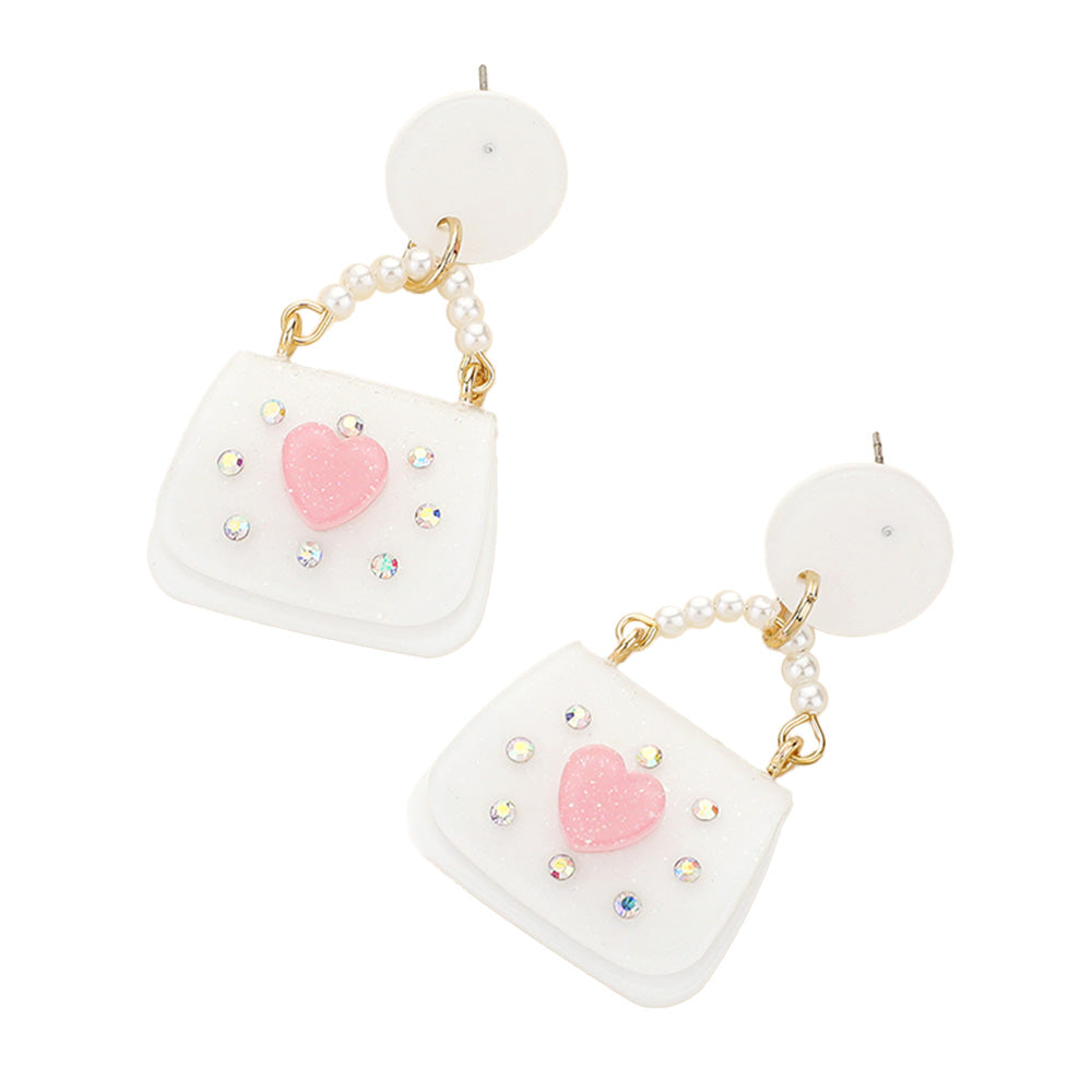 iLLASPARKZ Glittered Resin Pearl Heart Handbag Dangle Earrings