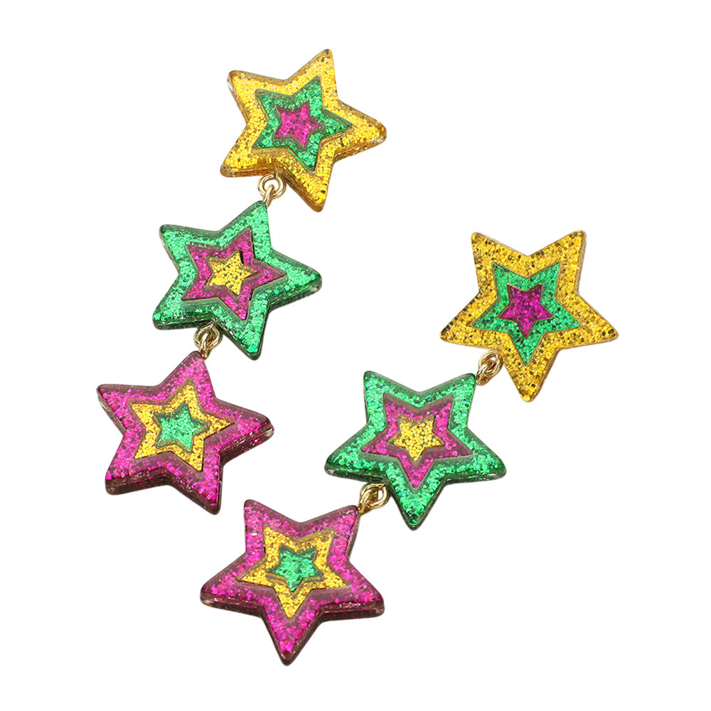 iLLASPARKZ Glittered Resin Mardi Gras Triple Star Link Dropdown Earrings
