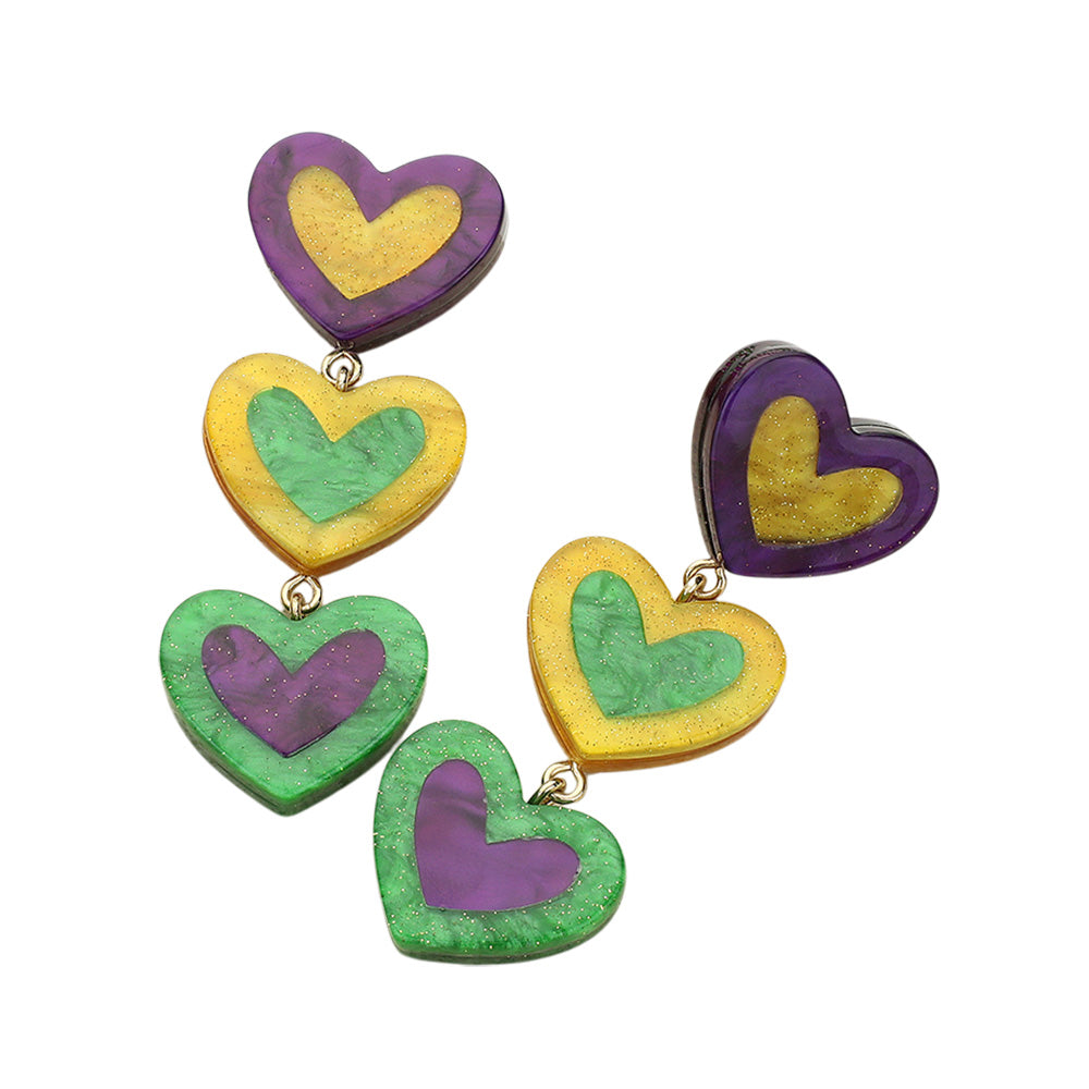 iLLASPARKZ Glittered Resin Mardi Gras Triple Heart Link Dropdown Earrings