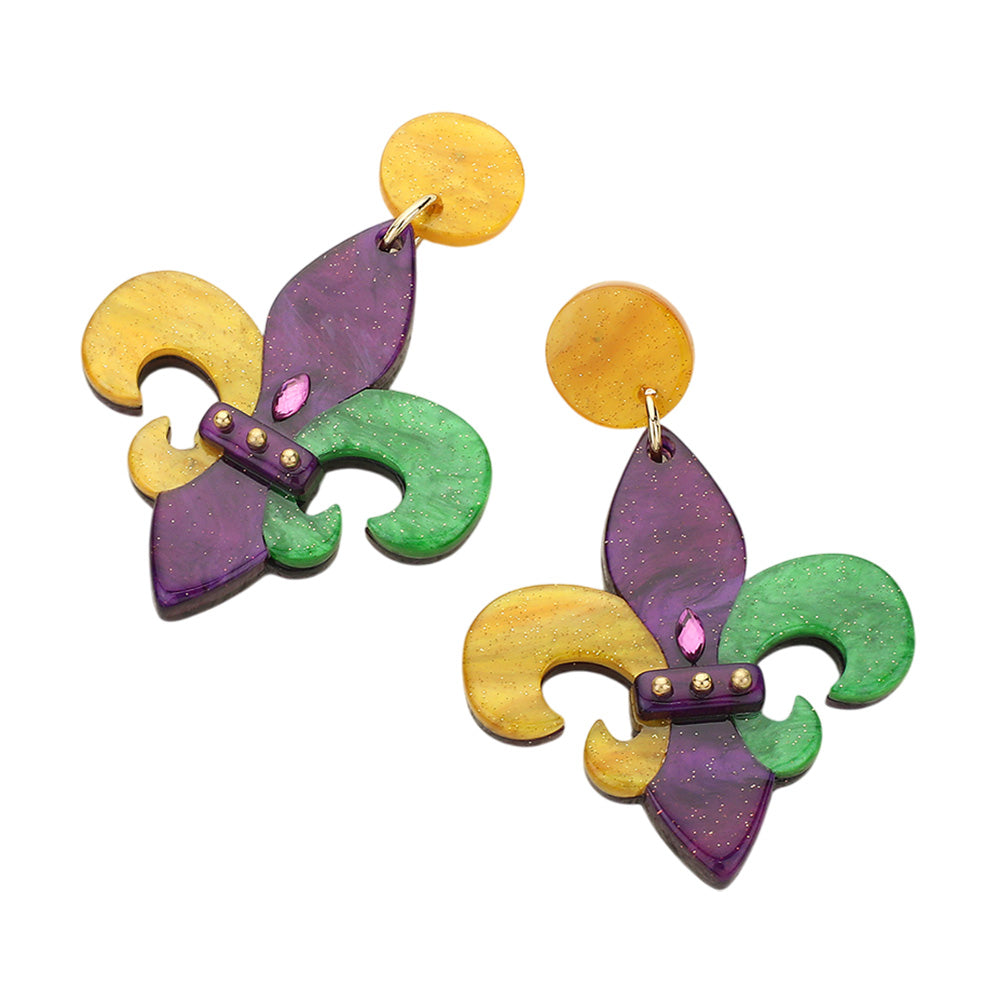 iLLASPARKZ Glittered Resin Mardi Gras Fleur de Lis Dangle Earrings
