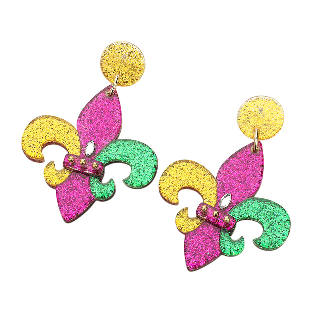 iLLASPARKZ Glittered Resin Mardi Gras Fleur de Lis Dangle Earrings
