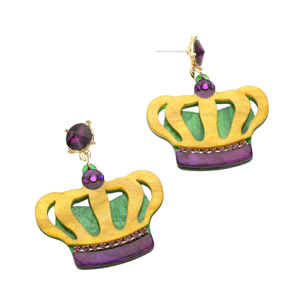 iLLASPARKZ Glittered Resin Mardi Gras Crown Dangle Earrings