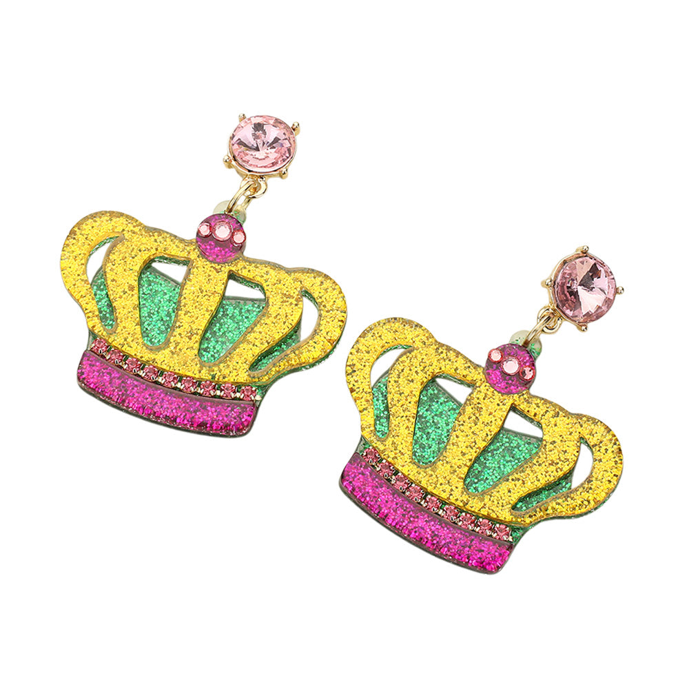 iLLASPARKZ Glittered Resin Mardi Gras Crown Dangle Earrings