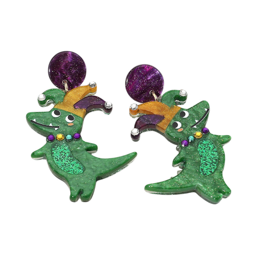 iLLASPARKZ Glittered Resin Mardi Gras Crocodile/Alligator Dangle Earrings