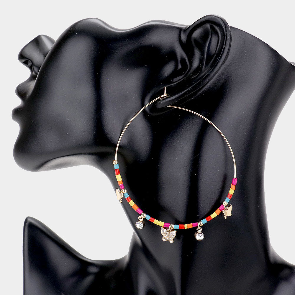 iLLASPARKZ Rhinestone Embellished Metal Butterfly Beaded Open Circle Earrings