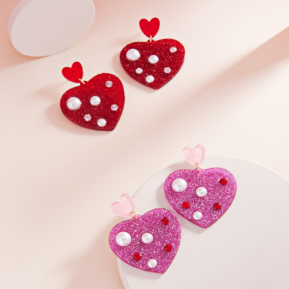 iLLASPARKZ Pearl Embellished Glittered Resin Heart Dangle Earrings