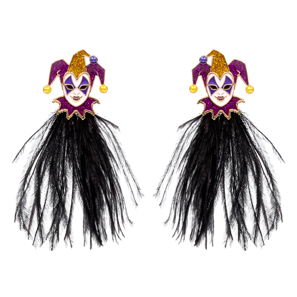iLLASPARKZ Mardi Gras Glittered Jester Pierrot Feather Earrings