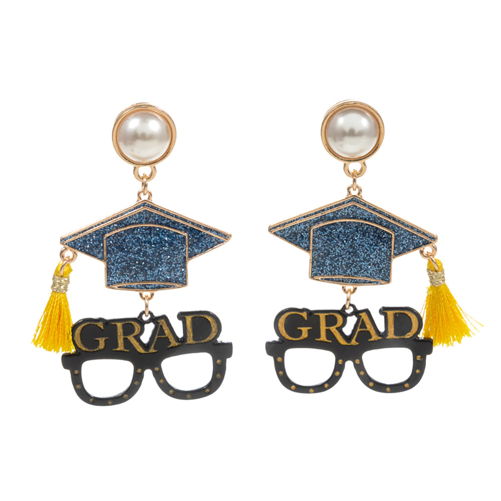 iLLASPARKZ Enamel Tassel Grad Hat Glasses Pearl Dangle Earrings