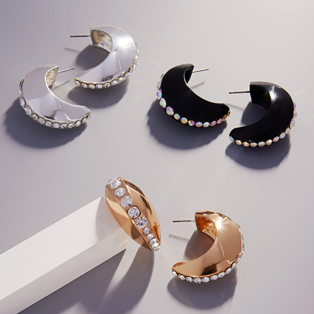 iLLASPARKZ Center Rhinestone Line Accented Chunky Crescent Hoop Earrings