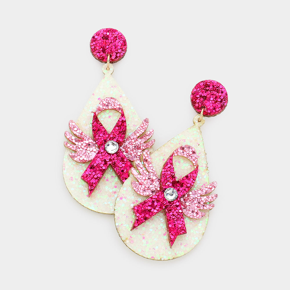 iLLASPARKZ Glittered Angel Wing Pink Ribbon Pointed Teardrop Dangle Earrings