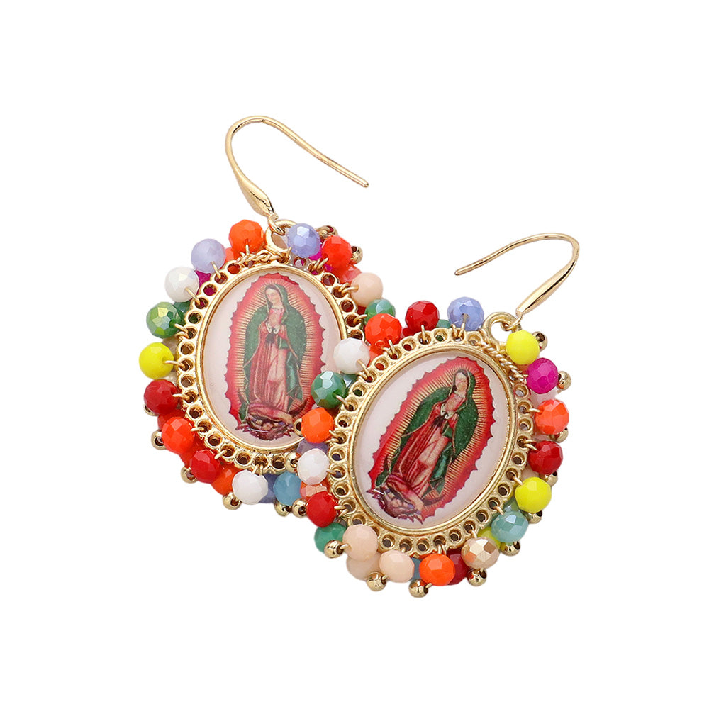 iLLASPARKZ Virgin Mary Cross Printed Faceted Bead Cluster Dangle Earrings
