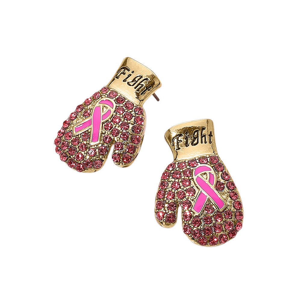 iLLASPARKZ Fight Message Stone Paved Pink Ribbon Boxing Glove Earrings