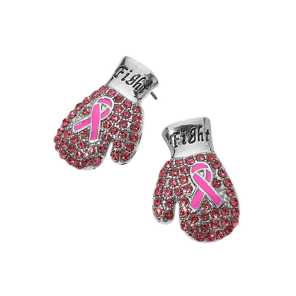 iLLASPARKZ Fight Message Stone Paved Pink Ribbon Boxing Glove Earrings