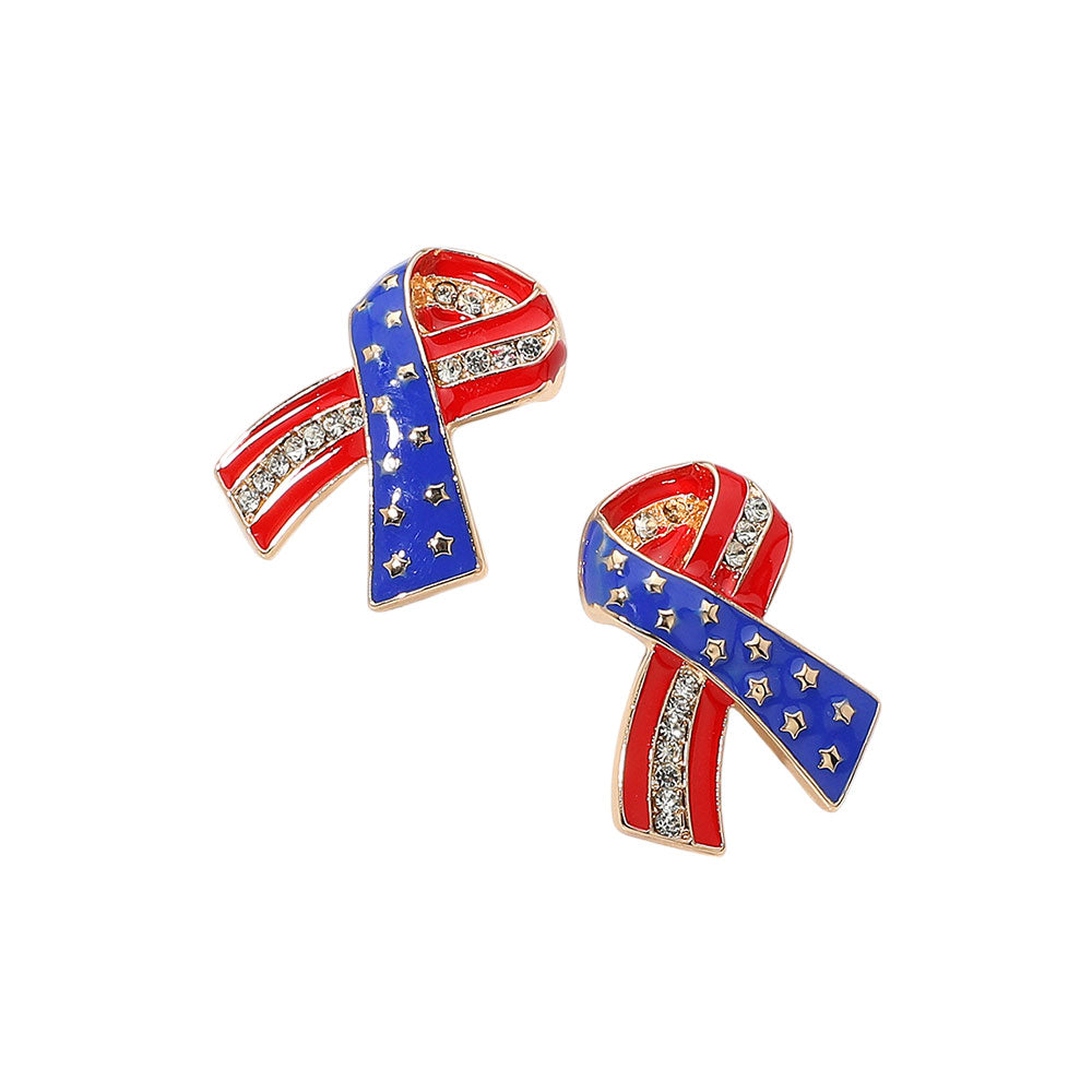 iLLASPARKZ Stone Paved Enamel American USA Flag Bow Earrings