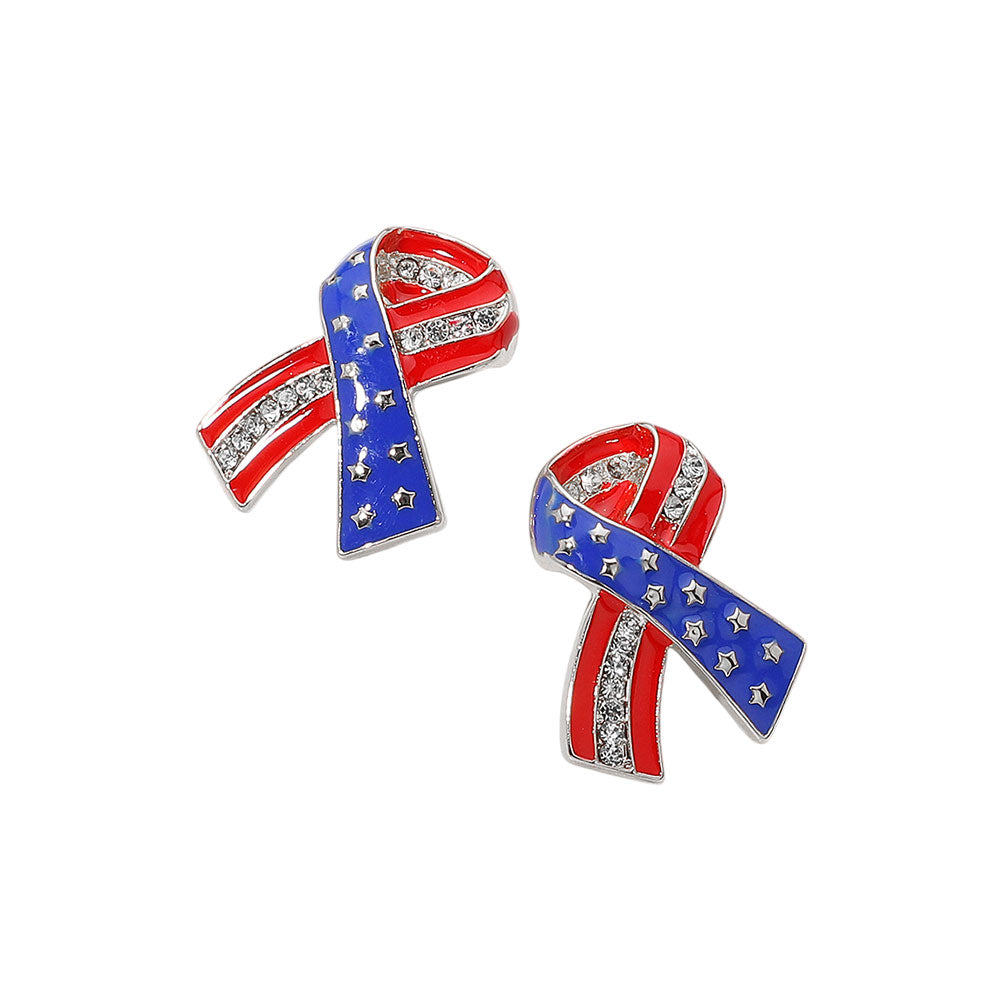 iLLASPARKZ Stone Paved Enamel American USA Flag Bow Earrings