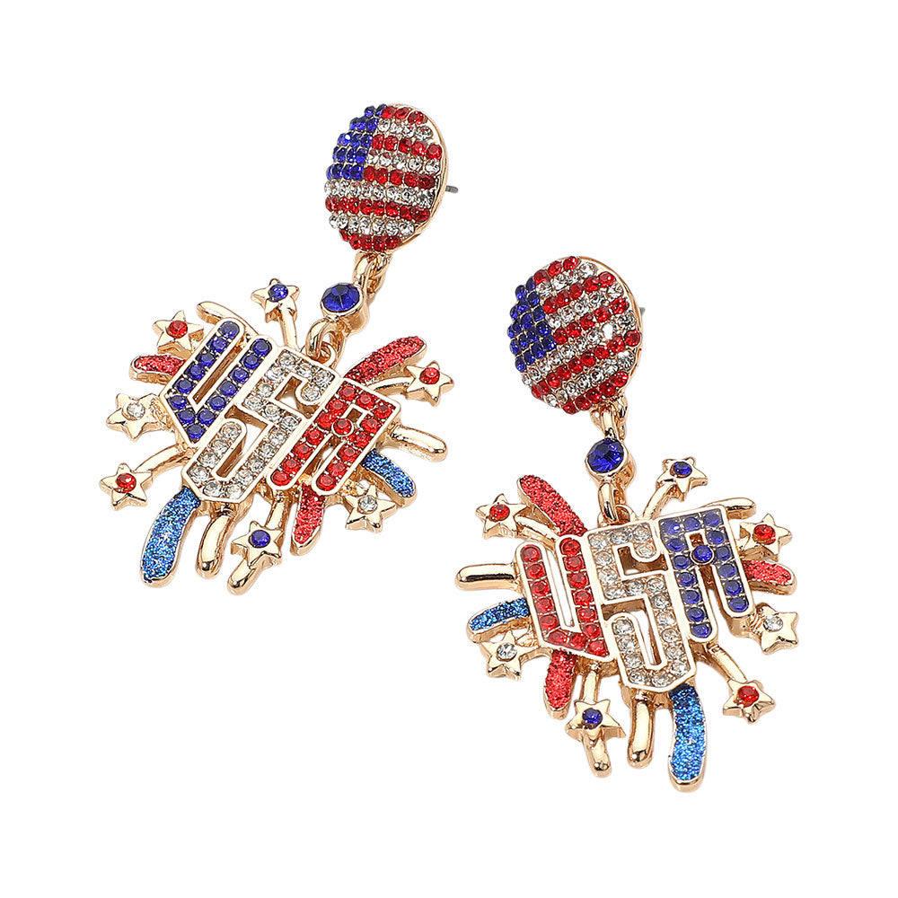 iLLASPARKZ Stone Paved American USA Flag Accent Enamel USA Message Firework Dangle Earrings