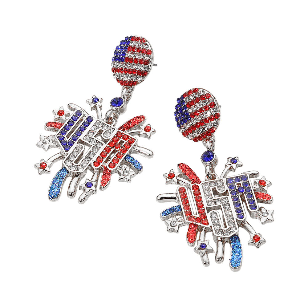 iLLASPARKZ Stone Paved American USA Flag Accent Enamel USA Message Firework Dangle Earrings