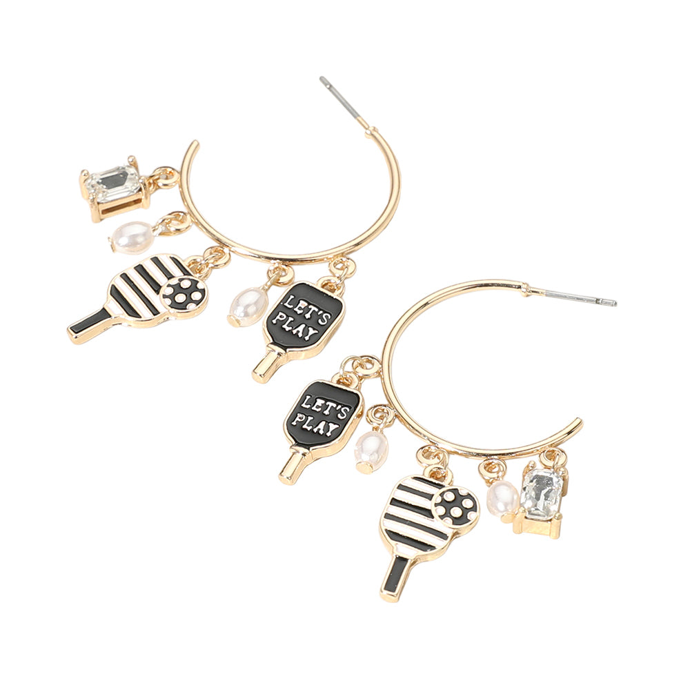 iLLASPARKZ Lets Play Message Enamel Pickleball Pearl Charm Hoop Earrings