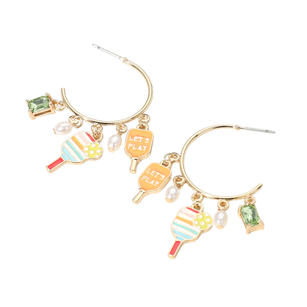 iLLASPARKZ Lets Play Message Enamel Pickleball Pearl Charm Hoop Earrings