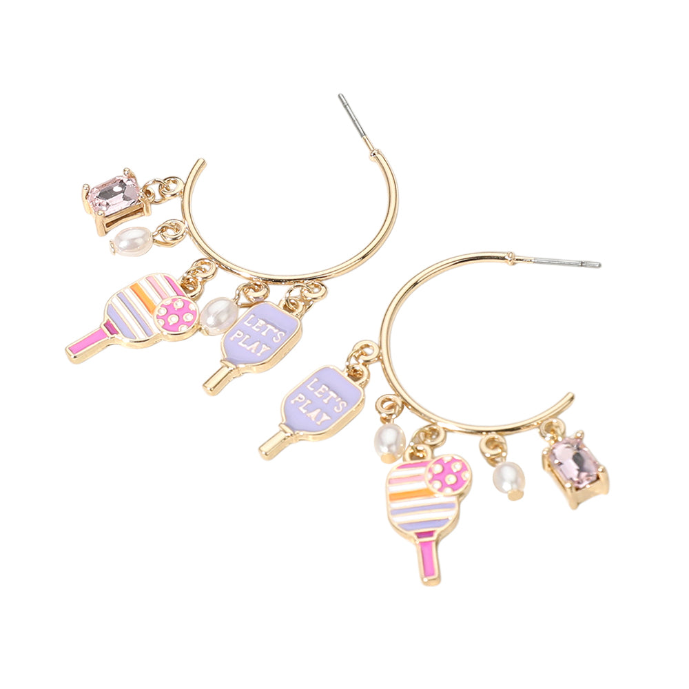iLLASPARKZ Lets Play Message Enamel Pickleball Pearl Charm Hoop Earrings