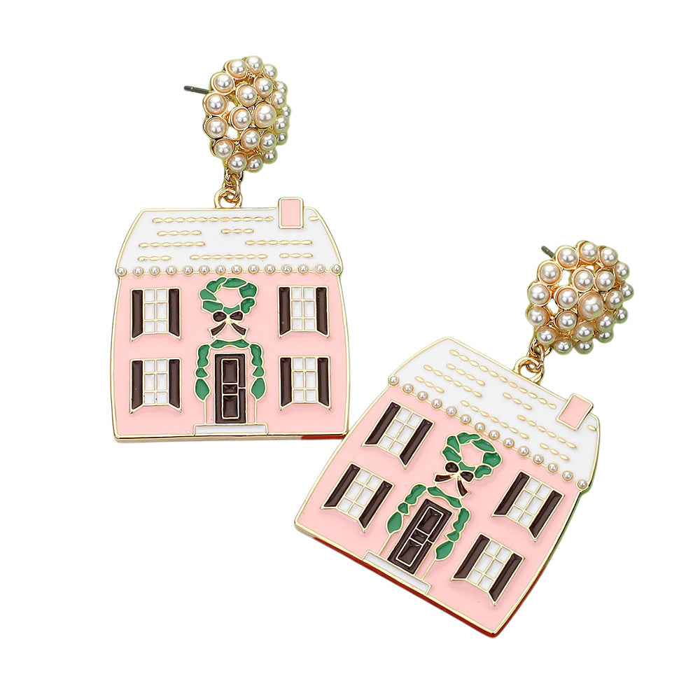 iLLASPARKZ Enamel Christmas Pink House Dangle Earrings