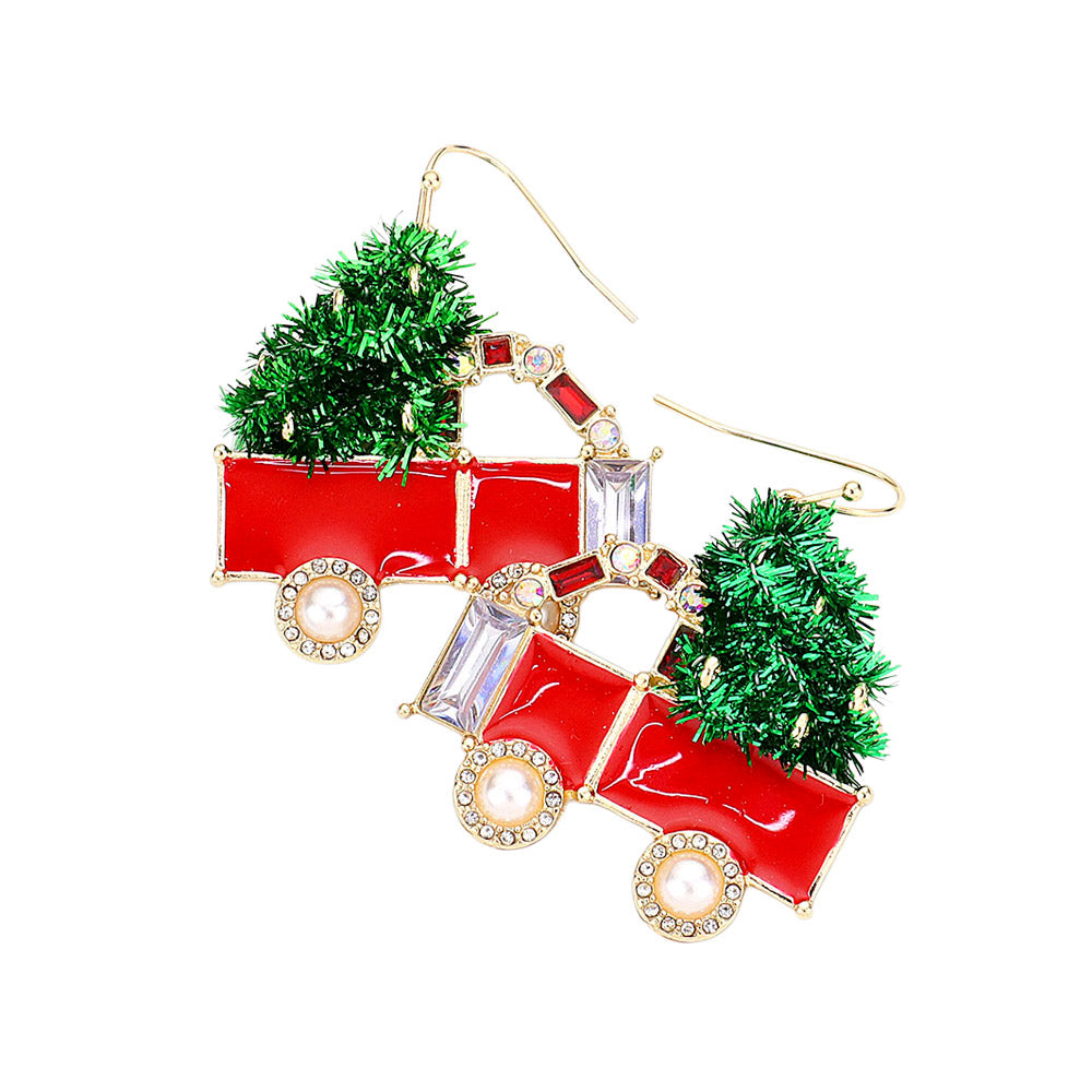 iLLASPARKZ Enamel Stone Embellished Christmas Cart Dangle Earrings