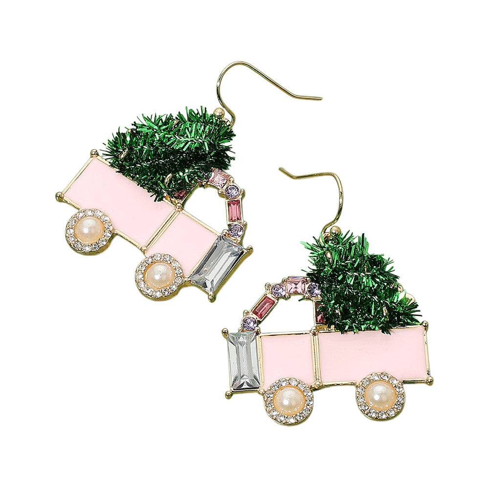iLLASPARKZ Enamel Stone Embellished Christmas Cart Dangle Earrings