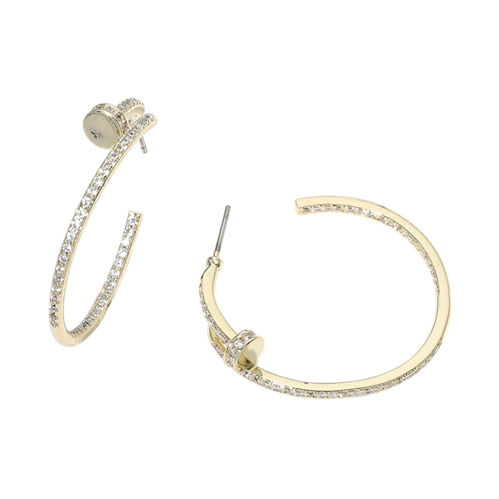 iLLASPARKZ 14K Gold Plated CZ Stone Paved Nail Hoop Earrings